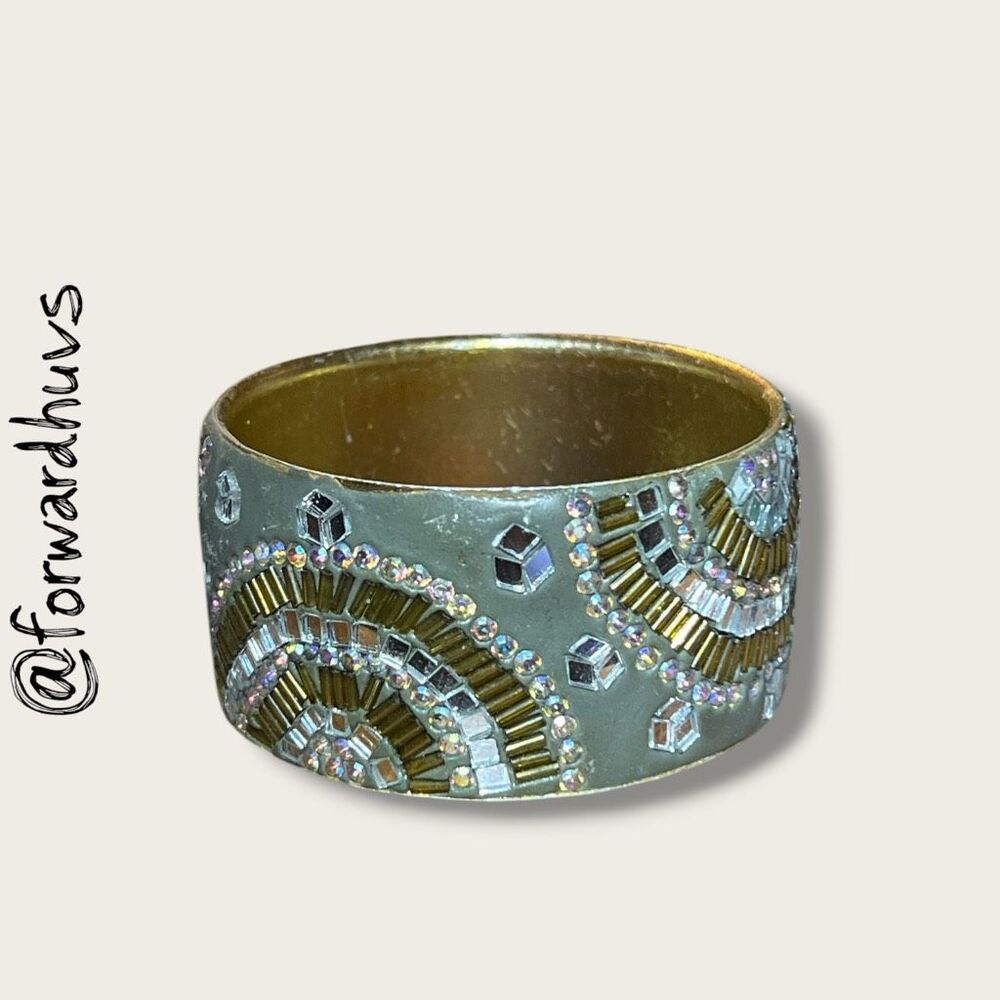 ☑️ Vintage 1980s Rhinestone & Mirrored Tile Statement Bangle – 7.5” Interior